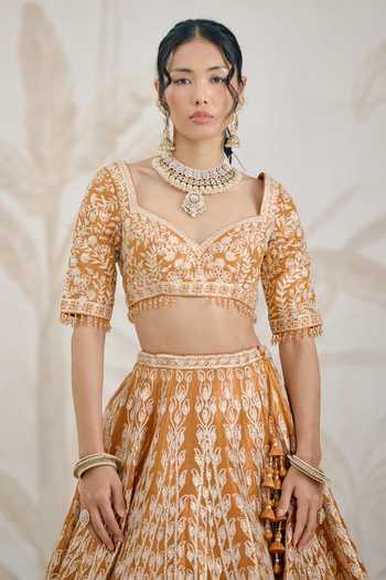 Shop_Shyam Narayan Prasad_Orange Silk, Organza, Tissue Gota Patti Sweetheart Neck Embroidered Lehenga Set _Online_at_Aza_Fashions