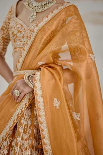 Shyam Narayan Prasad_Orange Silk, Organza, Tissue Gota Patti Sweetheart Neck Embroidered Lehenga Set _at_Aza_Fashions