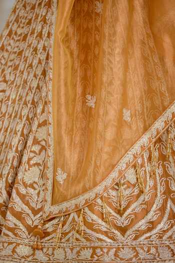 Buy_Shyam Narayan Prasad_Orange Silk, Organza, Tissue Gota Patti Sweetheart Neck Embroidered Lehenga Set _Online