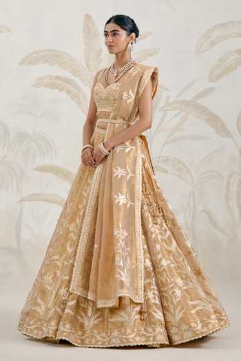 Buy_Shyam Narayan Prasad_Gold Silk, Organza, Tissue Gota Patti Sweetheart Neck Embroidered Lehenga Set _Online_at_Aza_Fashions