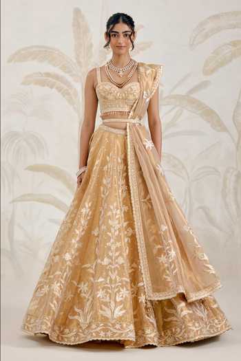 Shyam Narayan Prasad_Gold Silk, Organza, Tissue Gota Patti Sweetheart Neck Embroidered Lehenga Set _at_Aza_Fashions