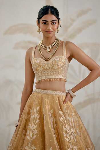 Buy_Shyam Narayan Prasad_Gold Silk, Organza, Tissue Gota Patti Sweetheart Neck Embroidered Lehenga Set 