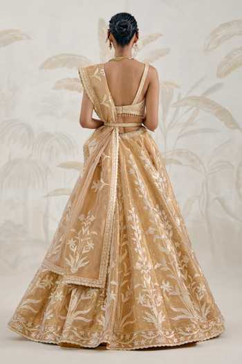 Shop_Shyam Narayan Prasad_Gold Silk, Organza, Tissue Gota Patti Sweetheart Neck Embroidered Lehenga Set _at_Aza_Fashions