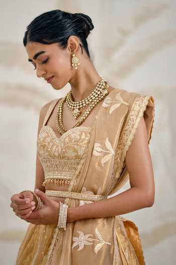 Shyam Narayan Prasad_Gold Silk, Organza, Tissue Gota Patti Sweetheart Neck Embroidered Lehenga Set _Online