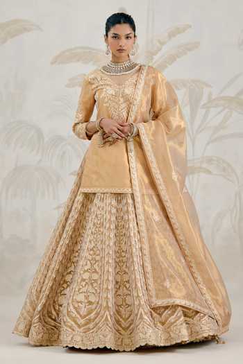 Buy_Shyam Narayan Prasad_Gold Silk, Organza, Tissue Gota Patti V-neck Embroidered Kurta Lehenga Set _at_Aza_Fashions