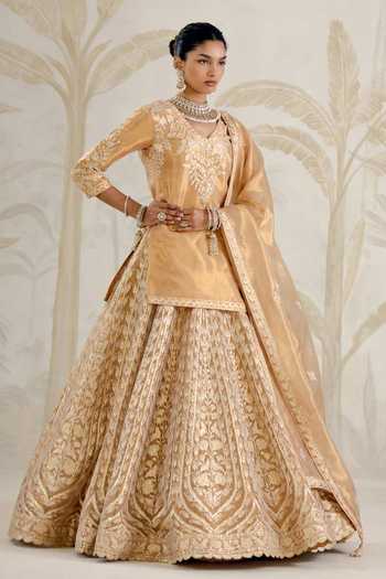 Shyam Narayan Prasad_Gold Silk, Organza, Tissue Gota Patti V-neck Embroidered Kurta Lehenga Set _Online_at_Aza_Fashions