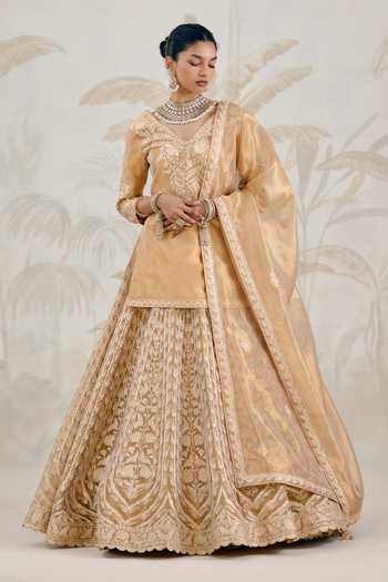 Buy_Shyam Narayan Prasad_Gold Silk, Organza, Tissue Gota Patti V-neck Embroidered Kurta Lehenga Set _Online_at_Aza_Fashions