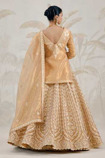 Shop_Shyam Narayan Prasad_Gold Silk, Organza, Tissue Gota Patti V-neck Embroidered Kurta Lehenga Set _at_Aza_Fashions