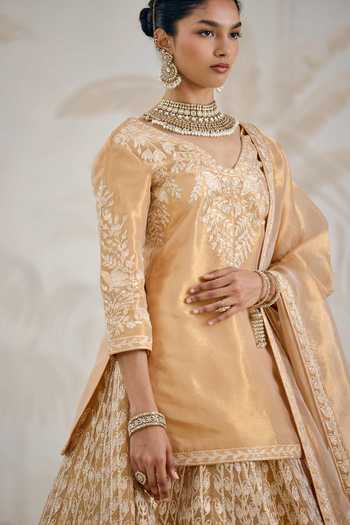 Shop_Shyam Narayan Prasad_Gold Silk, Organza, Tissue Gota Patti V-neck Embroidered Kurta Lehenga Set _Online_at_Aza_Fashions