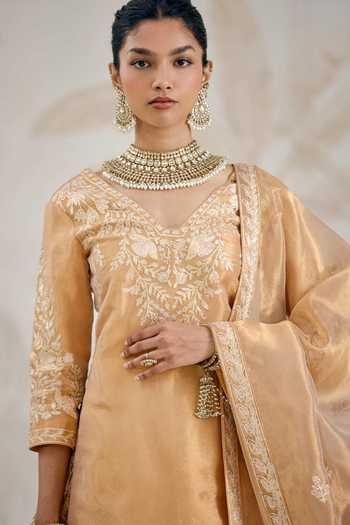 Shyam Narayan Prasad_Gold Silk, Organza, Tissue Gota Patti V-neck Embroidered Kurta Lehenga Set _at_Aza_Fashions