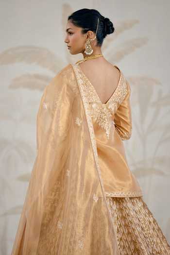 Buy_Shyam Narayan Prasad_Gold Silk, Organza, Tissue Gota Patti V-neck Embroidered Kurta Lehenga Set 