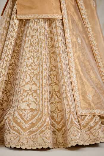 Shop_Shyam Narayan Prasad_Gold Silk, Organza, Tissue Gota Patti V-neck Embroidered Kurta Lehenga Set 