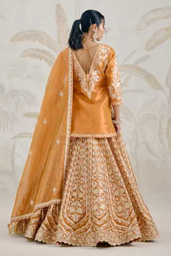 Shop_Shyam Narayan Prasad_Orange Silk, Organza, Tissue Gota Patti V-neck Embroidered Kurta Lehenga Set _at_Aza_Fashions