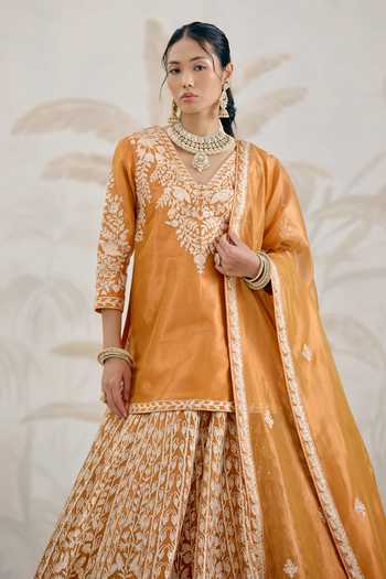 Shyam Narayan Prasad_Orange Silk, Organza, Tissue Gota Patti V-neck Embroidered Kurta Lehenga Set _Online_at_Aza_Fashions