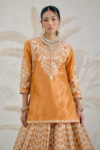 Buy_Shyam Narayan Prasad_Orange Silk, Organza, Tissue Gota Patti V-neck Embroidered Kurta Lehenga Set _Online_at_Aza_Fashions