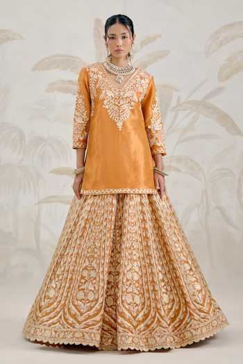 Shop_Shyam Narayan Prasad_Orange Silk, Organza, Tissue Gota Patti V-neck Embroidered Kurta Lehenga Set _Online_at_Aza_Fashions