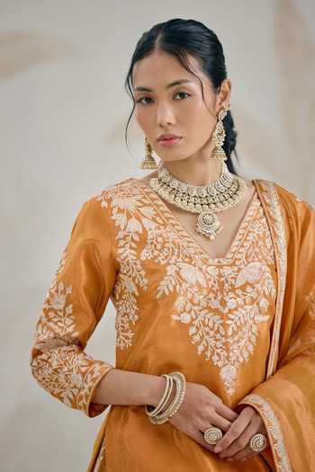 Shyam Narayan Prasad_Orange Silk, Organza, Tissue Gota Patti V-neck Embroidered Kurta Lehenga Set _at_Aza_Fashions