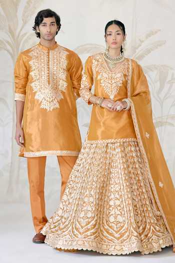 Buy_Shyam Narayan Prasad_Orange Silk, Organza, Tissue Gota Patti V-neck Embroidered Kurta Lehenga Set 