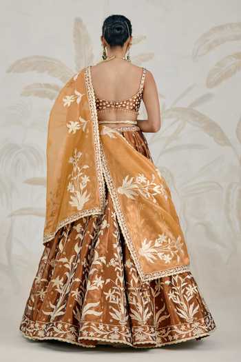 Shop_Shyam Narayan Prasad_Brown Silk, Organza, Tissue Gota Patti Sweetheart Neck Embroidered Lehenga Set _at_Aza_Fashions