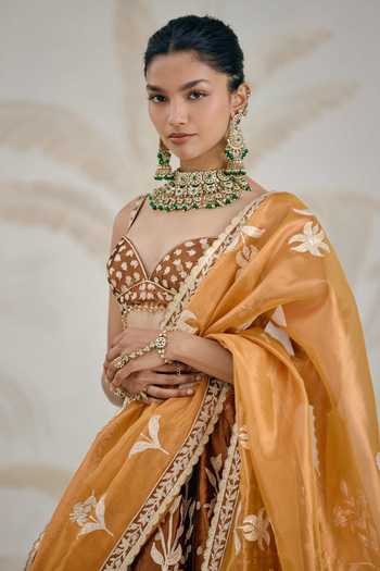 Shyam Narayan Prasad_Brown Silk, Organza, Tissue Gota Patti Sweetheart Neck Embroidered Lehenga Set _Online_at_Aza_Fashions