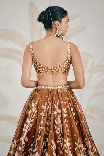 Buy_Shyam Narayan Prasad_Brown Silk, Organza, Tissue Gota Patti Sweetheart Neck Embroidered Lehenga Set _Online_at_Aza_Fashions