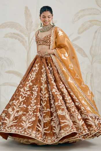 Shop_Shyam Narayan Prasad_Brown Silk, Organza, Tissue Gota Patti Sweetheart Neck Embroidered Lehenga Set _Online_at_Aza_Fashions