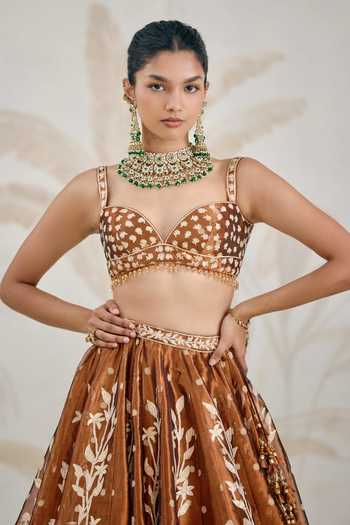 Shyam Narayan Prasad_Brown Silk, Organza, Tissue Gota Patti Sweetheart Neck Embroidered Lehenga Set _at_Aza_Fashions