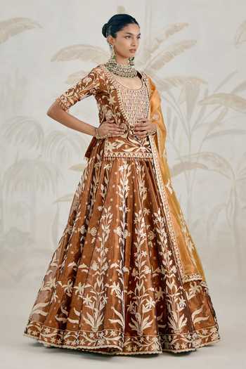 Buy_Shyam Narayan Prasad_Brown Silk, Organza, Tissue Gota Patti Scoop Neck Embroidered Kurta Lehenga Set _Online_at_Aza_Fashions