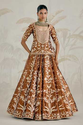 Shop_Shyam Narayan Prasad_Brown Silk, Organza, Tissue Gota Patti Scoop Neck Embroidered Kurta Lehenga Set _Online_at_Aza_Fashions