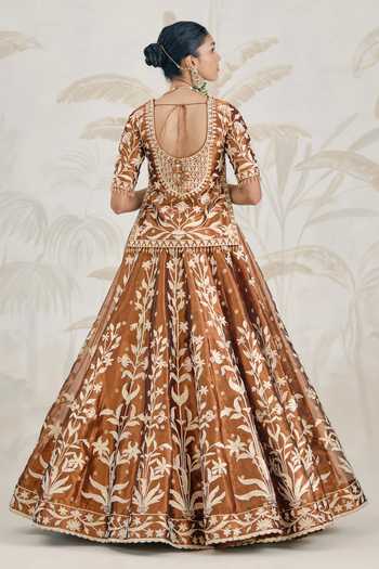 Shop_Shyam Narayan Prasad_Brown Silk, Organza, Tissue Gota Patti Scoop Neck Embroidered Kurta Lehenga Set _at_Aza_Fashions