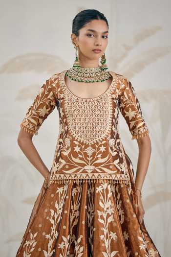 Shyam Narayan Prasad_Brown Silk, Organza, Tissue Gota Patti Scoop Neck Embroidered Kurta Lehenga Set _at_Aza_Fashions