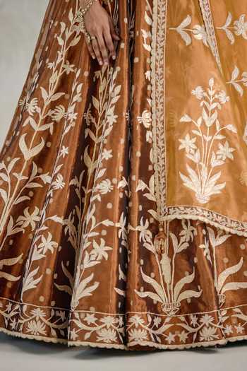 Buy_Shyam Narayan Prasad_Brown Silk, Organza, Tissue Gota Patti Scoop Neck Embroidered Kurta Lehenga Set 