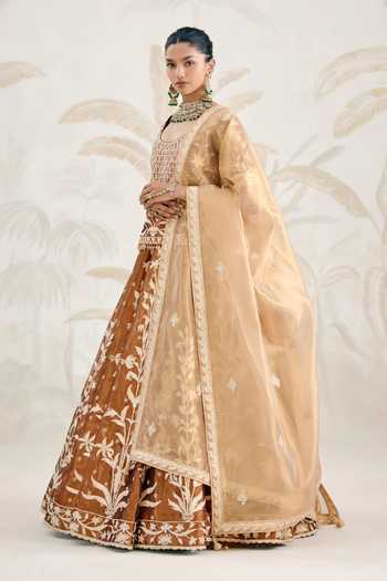 Shyam Narayan Prasad_Brown Silk, Organza, Tissue Gota Patti Round Neck Embroidered Kurta Lehenga Set _Online_at_Aza_Fashions