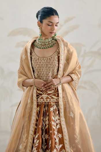 Buy_Shyam Narayan Prasad_Brown Silk, Organza, Tissue Gota Patti Round Neck Embroidered Kurta Lehenga Set _Online_at_Aza_Fashions
