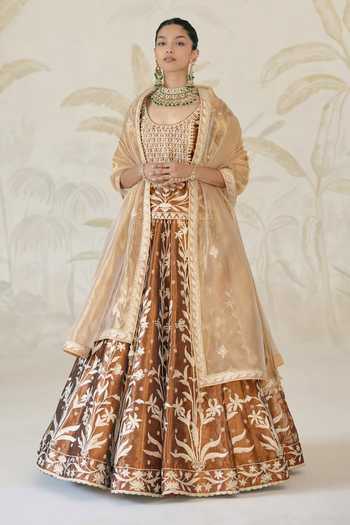 Shop_Shyam Narayan Prasad_Brown Silk, Organza, Tissue Gota Patti Round Neck Embroidered Kurta Lehenga Set _Online_at_Aza_Fashions