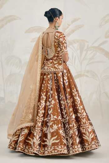 Shop_Shyam Narayan Prasad_Brown Silk, Organza, Tissue Gota Patti Round Neck Embroidered Kurta Lehenga Set _at_Aza_Fashions