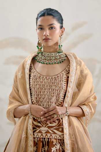 Shyam Narayan Prasad_Brown Silk, Organza, Tissue Gota Patti Round Neck Embroidered Kurta Lehenga Set _at_Aza_Fashions