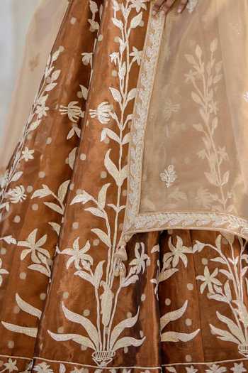 Buy_Shyam Narayan Prasad_Brown Silk, Organza, Tissue Gota Patti Round Neck Embroidered Kurta Lehenga Set 