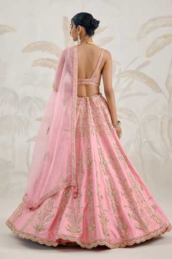Shop_Shyam Narayan Prasad_Pink Silk, Organza Embroidery Sweetheart Neck Zardozi Lehenga Set _at_Aza_Fashions
