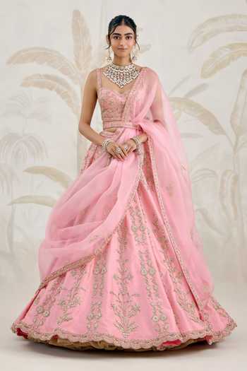 Buy_Shyam Narayan Prasad_Pink Silk, Organza Embroidery Sweetheart Neck Zardozi Lehenga Set _at_Aza_Fashions