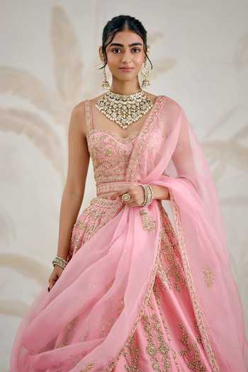 Shop_Shyam Narayan Prasad_Pink Silk, Organza Embroidery Sweetheart Neck Zardozi Lehenga Set _Online_at_Aza_Fashions