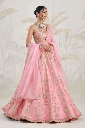 Buy_Shyam Narayan Prasad_Pink Silk, Organza Embroidery Sweetheart Neck Zardozi Lehenga Set 