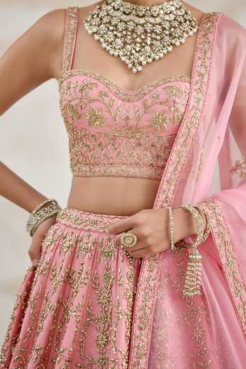 Shop_Shyam Narayan Prasad_Pink Silk, Organza Embroidery Sweetheart Neck Zardozi Lehenga Set 
