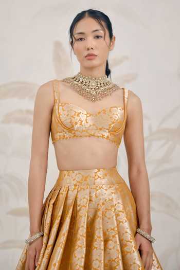 Shyam Narayan Prasad_Yellow Silk, Organza, Brocade, Banarasi Embroidery Sweetheart Woven Lehenga Set _Online_at_Aza_Fashions