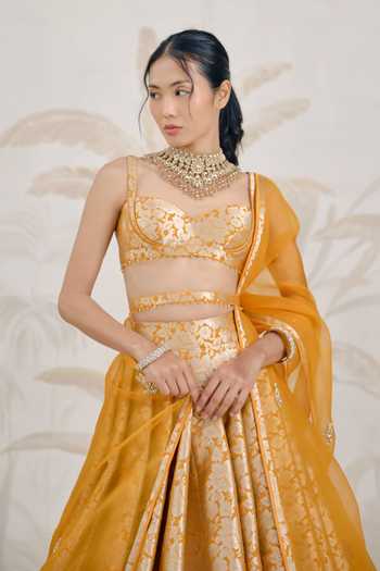 Buy_Shyam Narayan Prasad_Yellow Silk, Organza, Brocade, Banarasi Embroidery Sweetheart Woven Lehenga Set _Online_at_Aza_Fashions