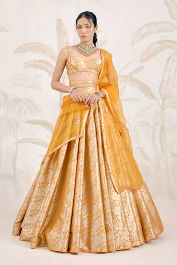 Buy_Shyam Narayan Prasad_Yellow Silk, Organza, Brocade, Banarasi Embroidery Sweetheart Woven Lehenga Set _at_Aza_Fashions