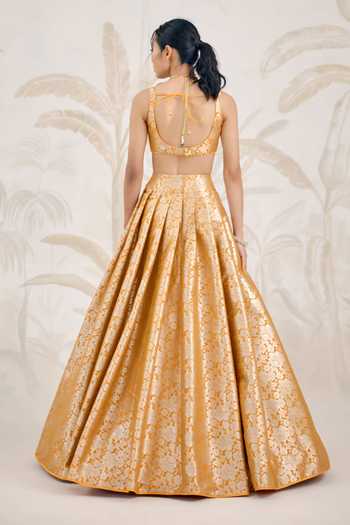 Shop_Shyam Narayan Prasad_Yellow Silk, Organza, Brocade, Banarasi Embroidery Sweetheart Woven Lehenga Set _at_Aza_Fashions