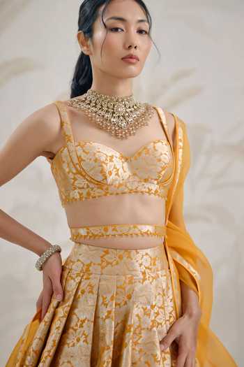 Shop_Shyam Narayan Prasad_Yellow Silk, Organza, Brocade, Banarasi Embroidery Sweetheart Woven Lehenga Set _Online_at_Aza_Fashions