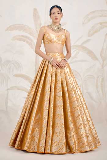 Shyam Narayan Prasad_Yellow Silk, Organza, Brocade, Banarasi Embroidery Sweetheart Woven Lehenga Set _at_Aza_Fashions