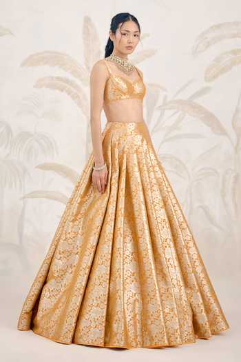 Shop_Shyam Narayan Prasad_Yellow Silk, Organza, Brocade, Banarasi Embroidery Sweetheart Woven Lehenga Set 